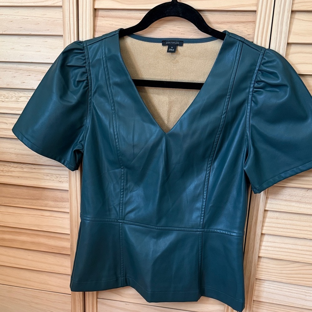 Ann Taylor Teal Faux-Leather V-Neck Short Sleeve Top